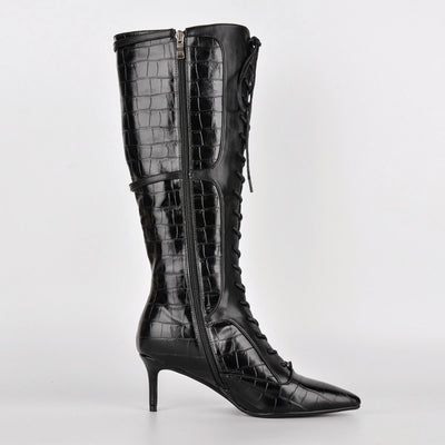Pointed Toe Stone Buckle Lace-up Knee High Boots
