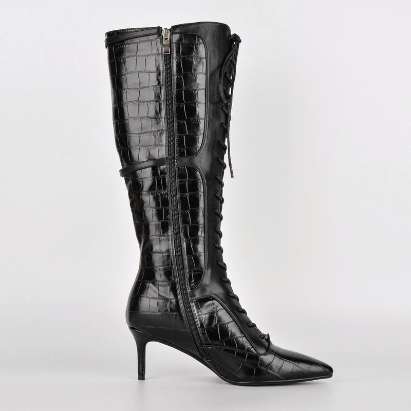 Pointed Toe Stone Buckle Lace-up Knee High Boots