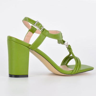 Square Toe Buckle T-Strap Chunky Heel Sandals