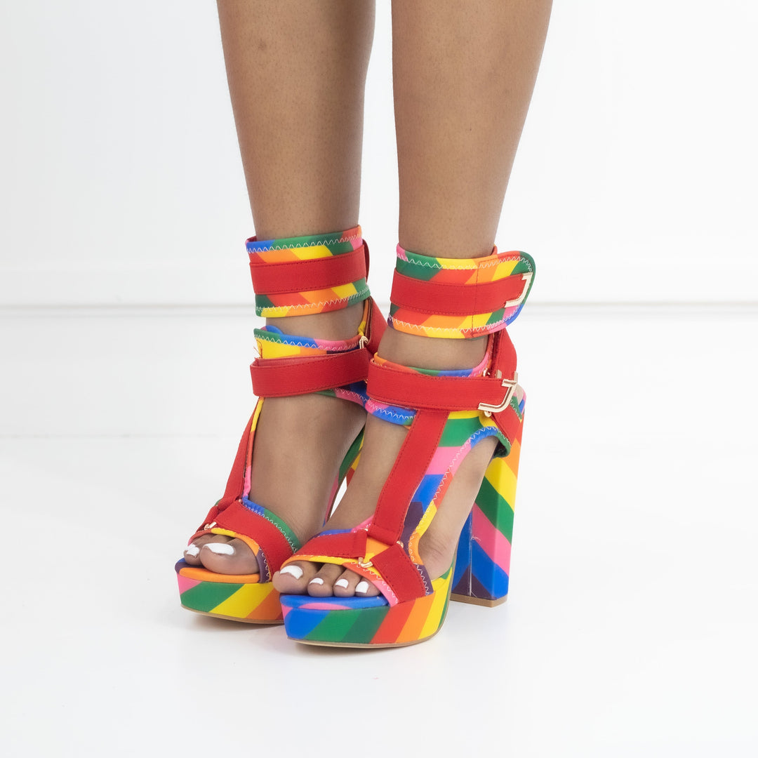 Canvas Rainbow Ankle Strap Chunky Heel Sandals – Onlymaker