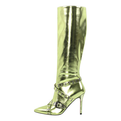 Straps Knee High Metallic Color Boots