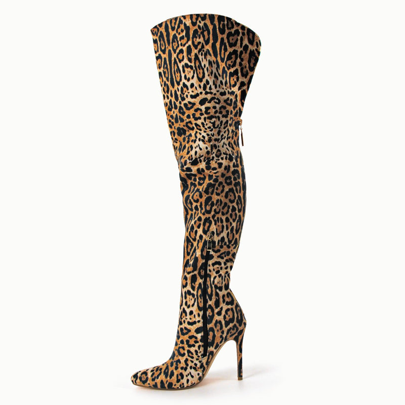 Red Leopard Pointed Toe Over The Knee Stiletto Boots