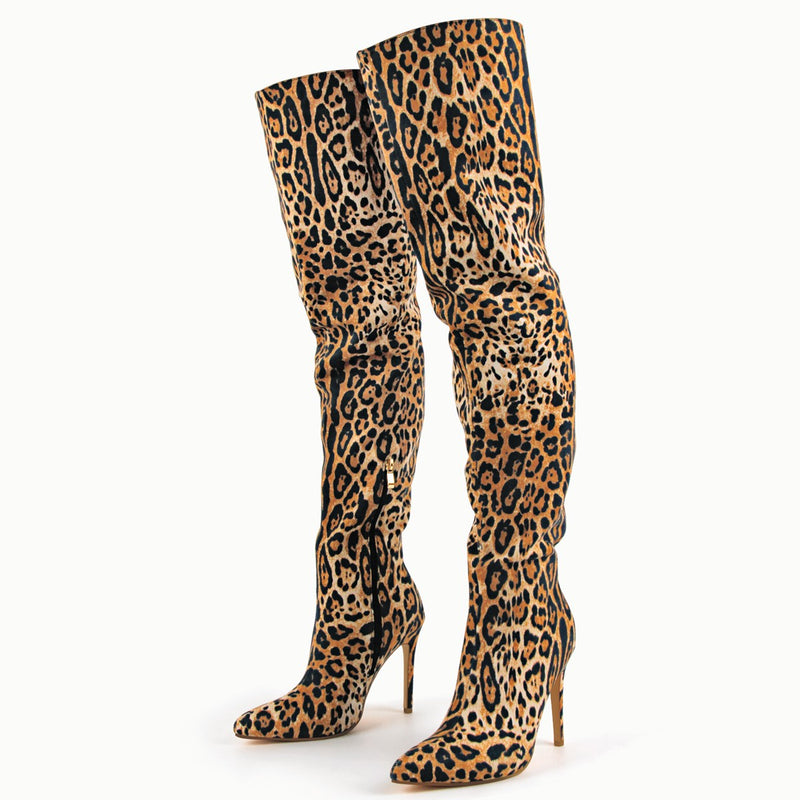 Red Leopard Pointed Toe Over The Knee Stiletto Boots