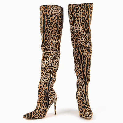 Red Leopard Pointed Toe Over The Knee Stiletto Boots
