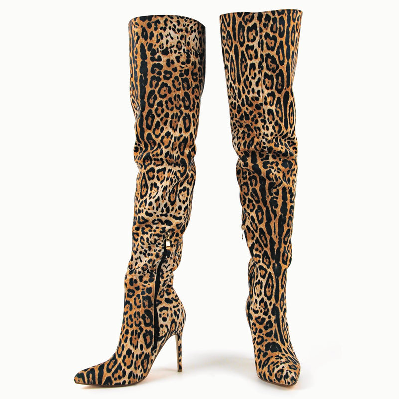 Red Leopard Pointed Toe Over The Knee Stiletto Boots