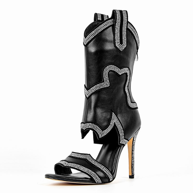 Rhinestone Cutout Back Zipper Ankle Bootie Sandals