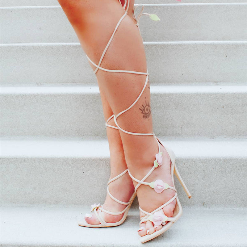 Pointed Toe Gladiator Flower Lace-up Stiletto Sandals