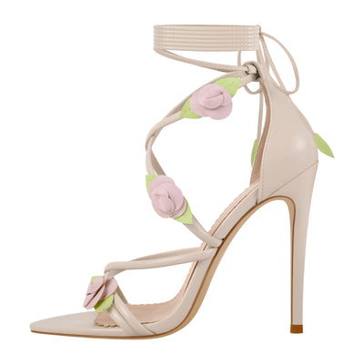 Pointed Toe Gladiator Flower Lace-up Stiletto Sandals