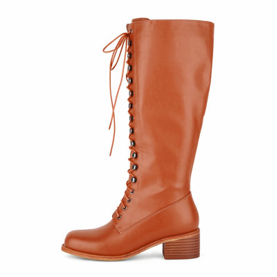 Square Toe Lace-up Chunky Heel Knee High Boots