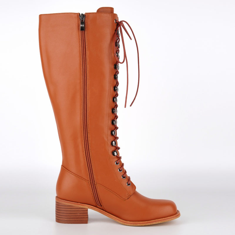 Square Toe Lace-up Chunky Heel Knee High Boots