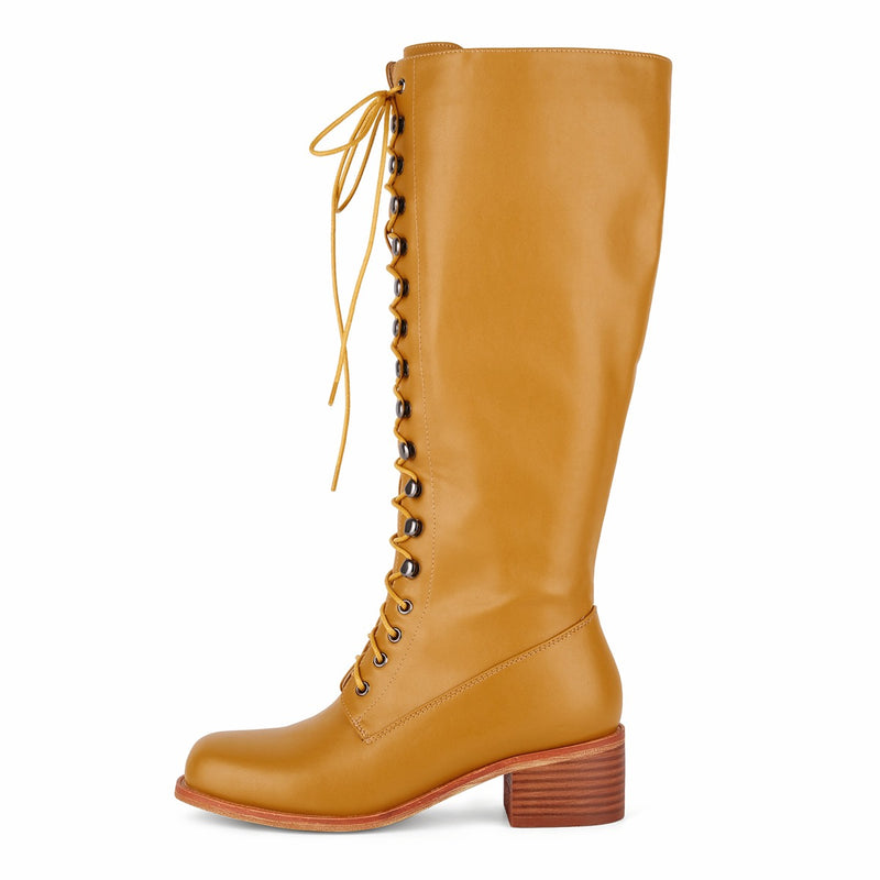 Square Toe Lace-up Chunky Heel Knee High Boots