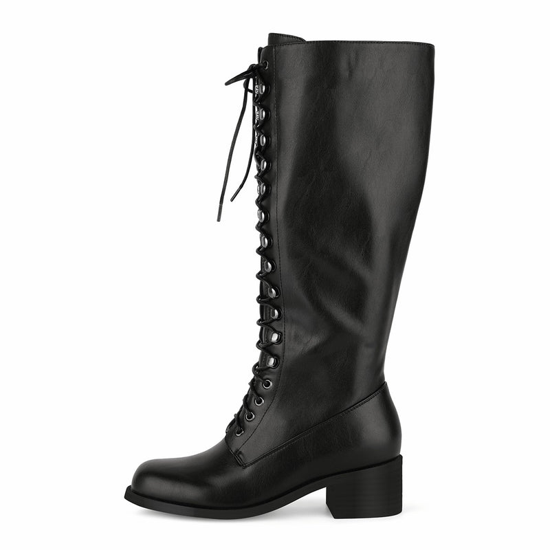 Square Toe Lace-up Chunky Heel Knee High Boots