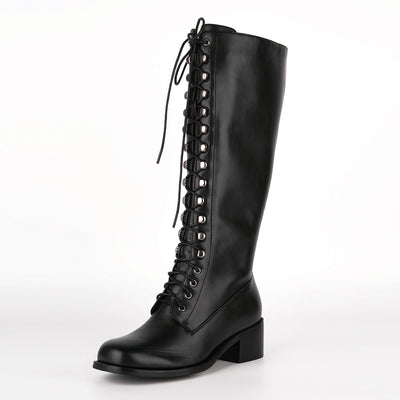 Square Toe Lace-up Chunky Heel Knee High Boots
