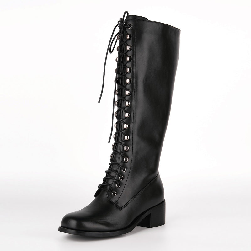 Square Toe Lace-up Chunky Heel Knee High Boots
