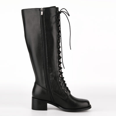 Square Toe Lace-up Chunky Heel Knee High Boots