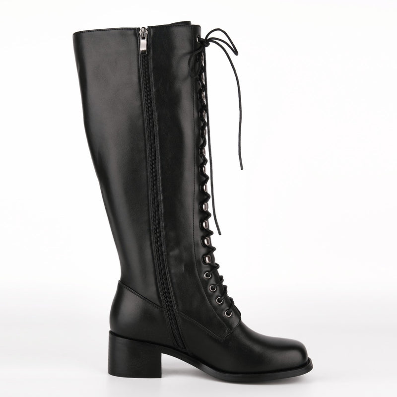 Square Toe Lace-up Chunky Heel Knee High Boots