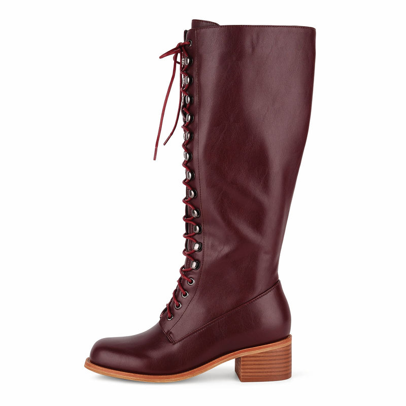 Square Toe Lace-up Chunky Heel Knee High Boots