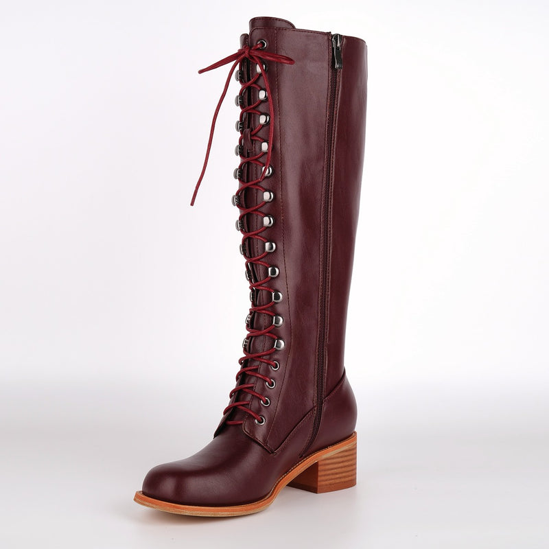 Square Toe Lace-up Chunky Heel Knee High Boots