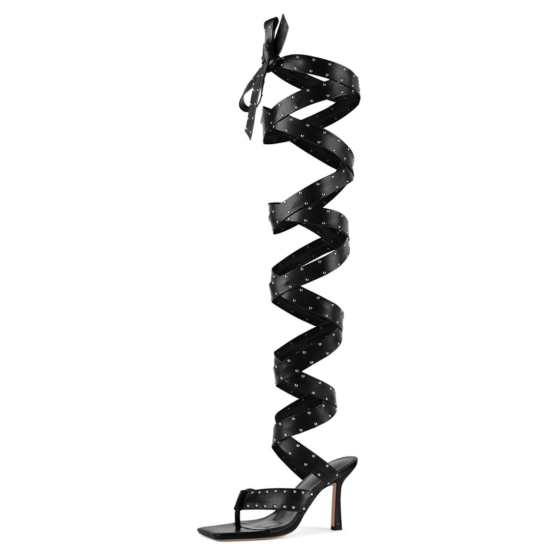 Square Toe Thong Rivet Strappy Lace-up Sandals