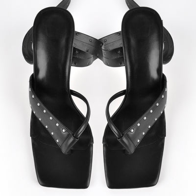 Square Toe Thong Rivet Strappy Lace-up Sandals