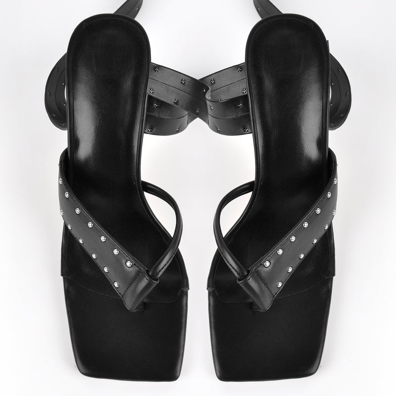 Square Toe Thong Rivet Strappy Lace-up Sandals