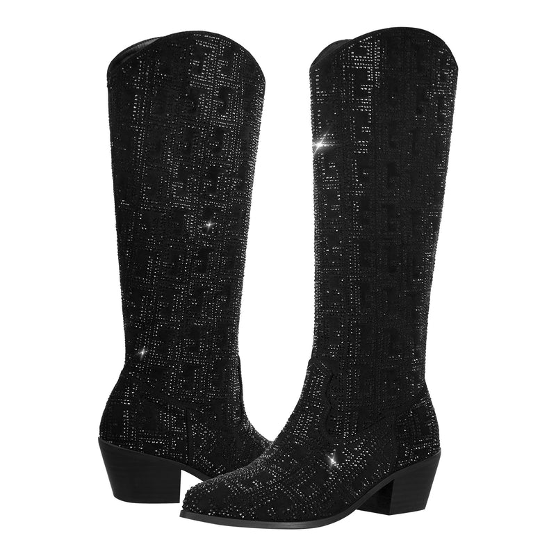 Black Print Rhinestone Chunky Heel Western Knee Boots