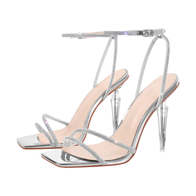 Rhinestone Square Toe Ankle Strap Clear Heel Sandals