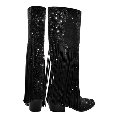 Chunky Heel Rhinestone Tassel Thigh High Boots