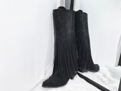 Chunky Heel Rhinestone Tassel Thigh High Boots