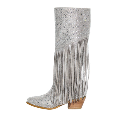 Chunky Heel Rhinestone Tassel Thigh High Boots