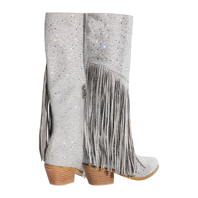 Chunky Heel Rhinestone Tassel Thigh High Boots