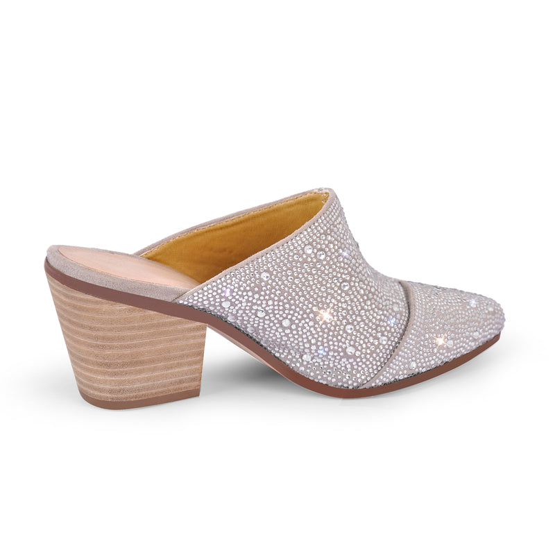 Rhinestone Pointed Toe Chunky Heel Mules Sandals