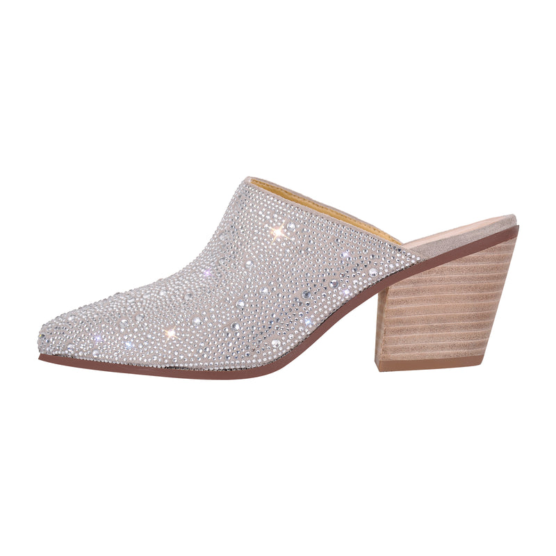 Rhinestone Pointed Toe Chunky Heel Mules Sandals