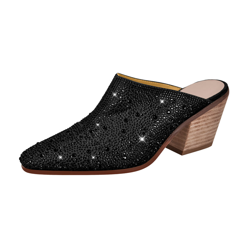 Rhinestone Pointed Toe Chunky Heel Mules Sandals