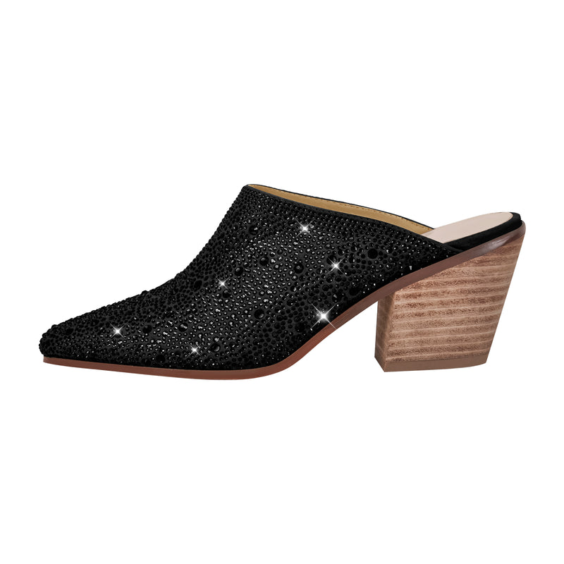 Rhinestone Pointed Toe Chunky Heel Mules Sandals