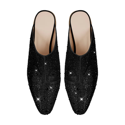 Rhinestone Pointed Toe Chunky Heel Mules Sandals