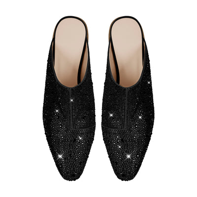 Rhinestone Pointed Toe Chunky Heel Mules