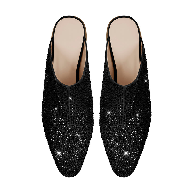 Rhinestone Pointed Toe Chunky Heel Mules Sandals