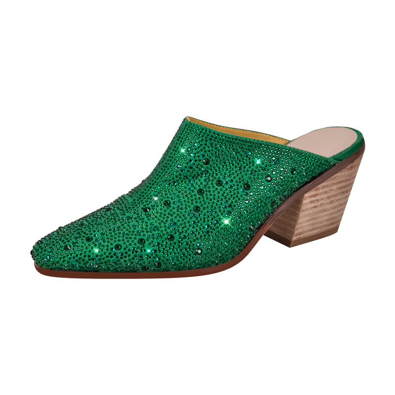 Rhinestone Pointed Toe Chunky Heel Mules Sandals