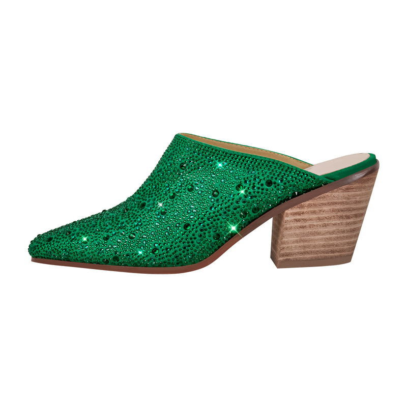 Rhinestone Pointed Toe Chunky Heel Mules Sandals