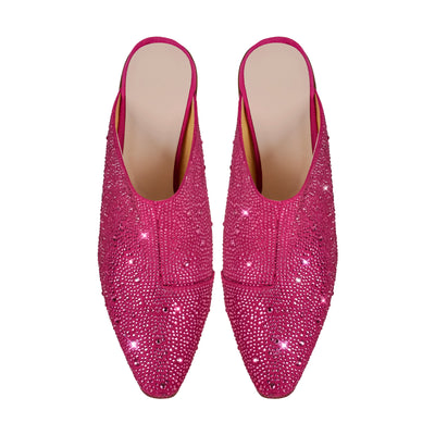 Rhinestone Pointed Toe Chunky Heel Mules Sandals