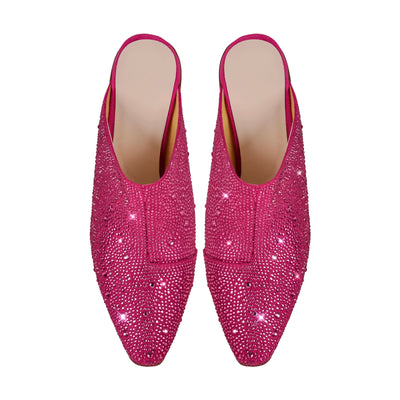 Rhinestone Pointed Toe Chunky Heel Mules