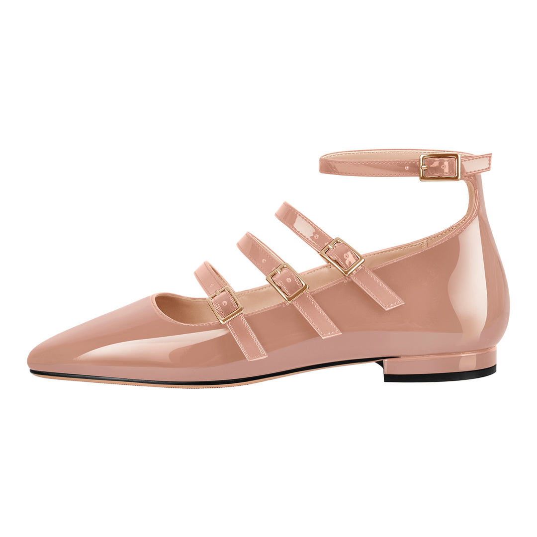 Square Toe Beige Leather Mary Janes: T-strap Ballet Flats - UK