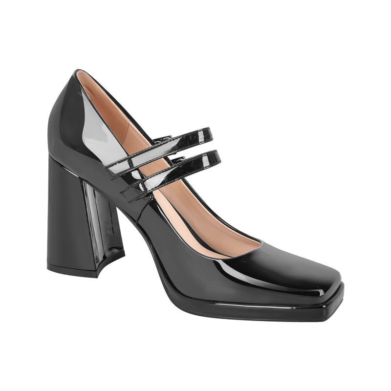 Square Toe Mary Jane Buckle Strap Chunky Heel Pumps