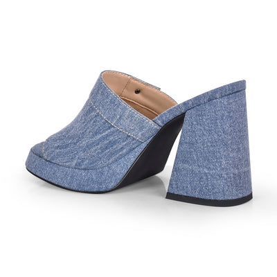 Denim Round Toe Platform Chunky Heel Sandals