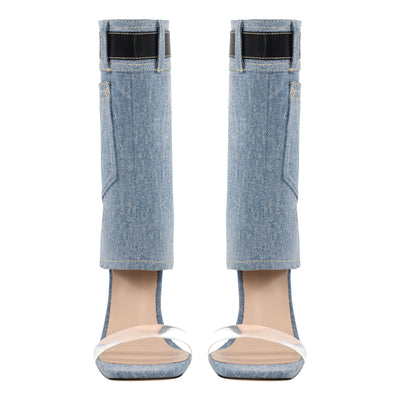 Denim Square Toe Stiletto Ankle Sandals
