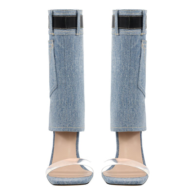 Denim Square Toe Stiletto Ankle Sandals