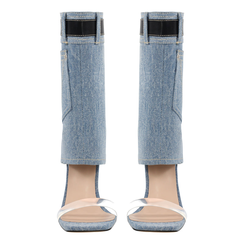 Denim Square Toe Stiletto Ankle Sandals