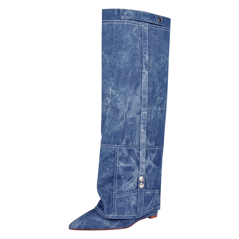 Denim Pointed Toe Wedge Heel Fold Over Boots