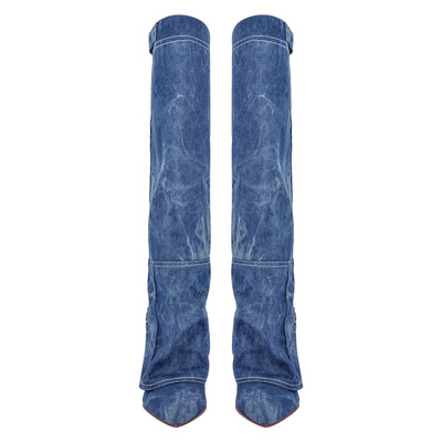 Denim Pointed Toe Wedge Heel Fold Over Boots